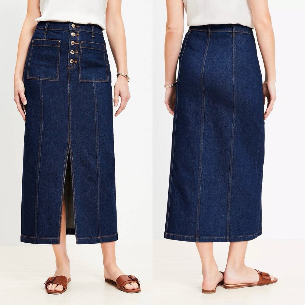 Loft Denim Patch Pocket Midi Skirt in Classic Mid Wash Women’s Size 14